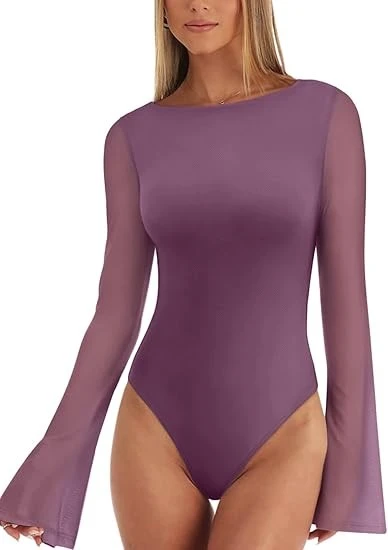 여자의 섹시한 한 줄 칼라 플레어 슬리브 투명 메쉬 바디 슈트